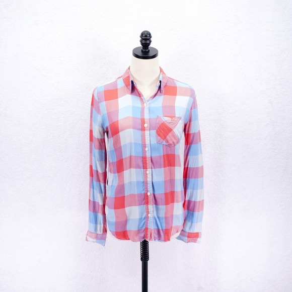 SO Tops - So Perfect Shirt -Small- Red Blue‎ Plaid Button Front Flannel Shirt Collared